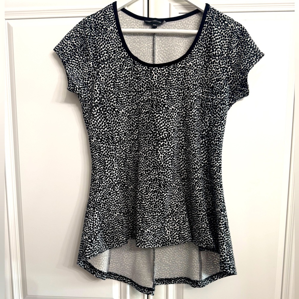Candy Couture Medium Black/White Leopard Print Cap Sleeve Fit & Flare Top Peplum